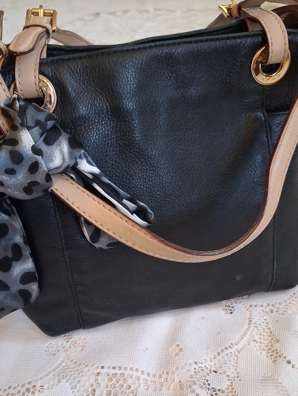 Michael Kors Black Leather Tote with Tan Handles and Twilly Accent